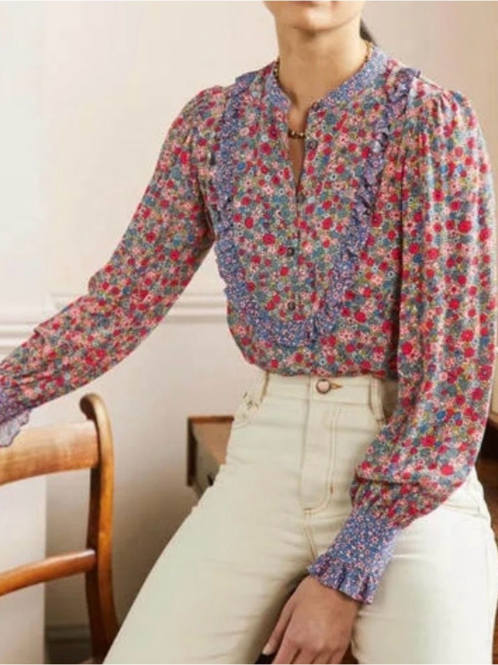 Boden Women’s Retro Frilly Floral Printed Popover Blouse Size 12